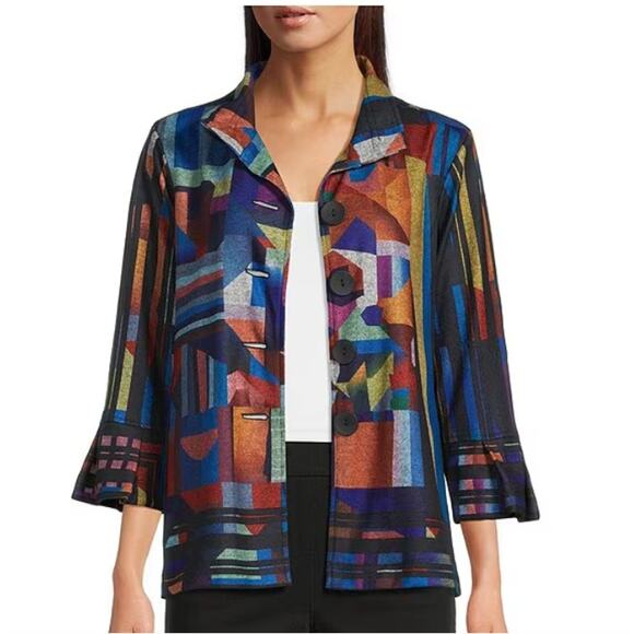 Ali Miles Brushed Knit Abstract 3/4 Sleeve Button Shirt Jacket Women's S 3829 - Picture 6 of 7